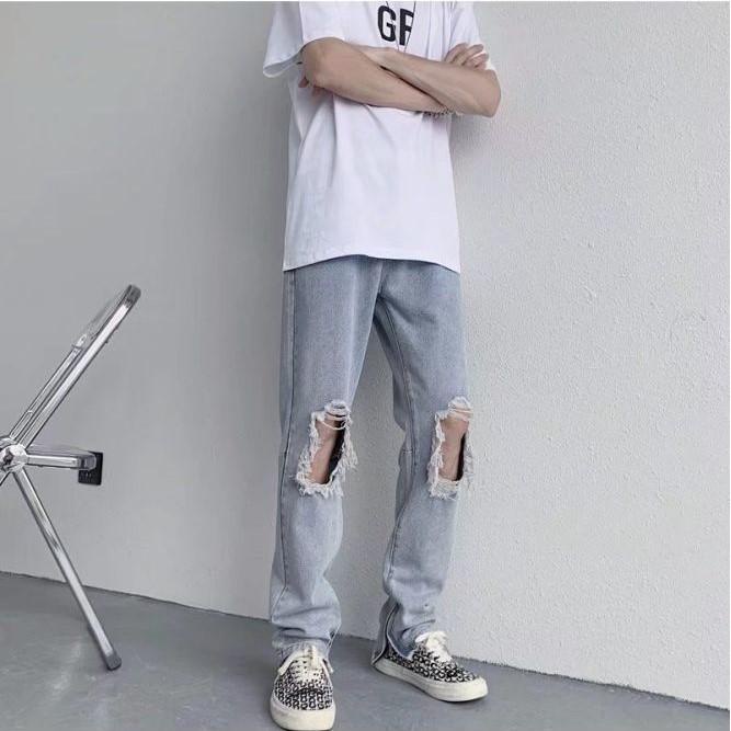 [sale xả kho] Quần jean ống suông nam khóa zip ống rách gối màu xanh nhạt đẹp mới hà nội hcm n114 Pon.mens