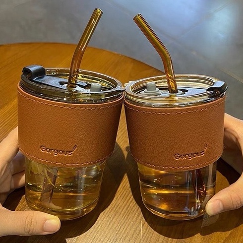 Cốc thủy tinh chịu nhiệt có ống hút, bọc da - cốc uống trà, cafe văn phòng 450ml