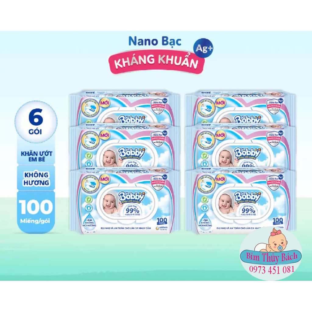 Combo 6 gói khăn giấy ướt trẻ em Bobby Care Nano Bạc Kháng Khuẩn không mùi hương 100 miếng