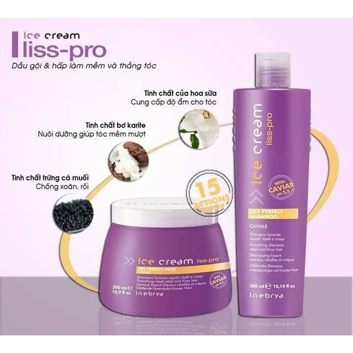 DẦU GỘI VÀ KEM HẤP CAO CẤP INEBRYA ICE CREAM LISS PRO SUÔN MƯỢT 1000ML*2