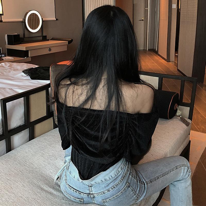 Áo Kiểu Trễ Vai Phối Lưới Thời Trang Xuân Thu Quyến Rũ Cho Nữ