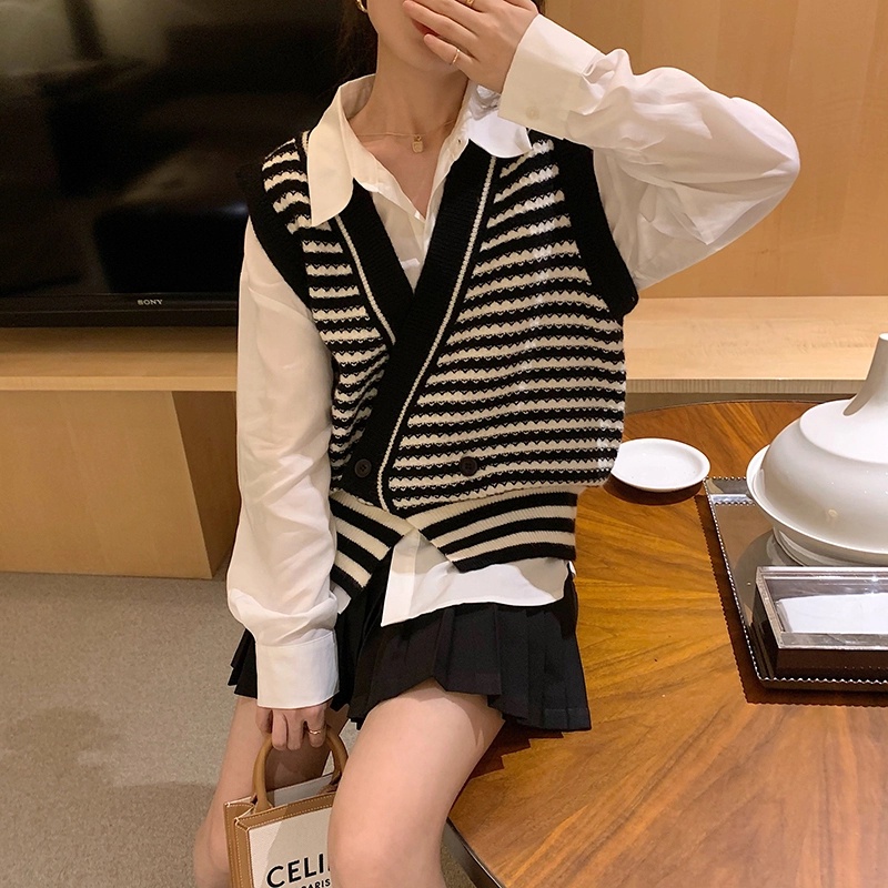 Áo Khoác Dệt Kim Không Tay Kẻ Sọc Phong Cách Cổ Điển Hàn Quốc
