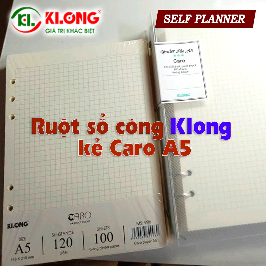 Bìa/Sổ còng/Ruột giấy refill kẻ caro kẻ ngang A5 100 tờ Klong chính hãng binder 6 lỗ