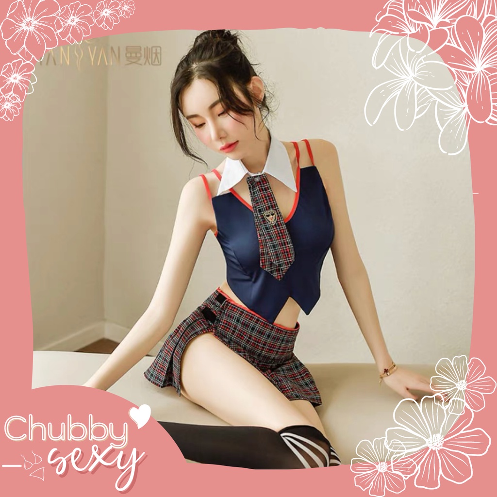 Cosplay Học Sinh Phá Cách Nhật Bản - Set Đồ Ngủ Sexy Hoá Trang Học Sinh Áo Zile Kèm Cavat Váy Caro - CPL43 - Chubby.Sexy