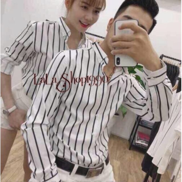 ÁO SƠ MI CẶP NAM NỮ SỌC ĐEN TRẮNG CHẤT LỤA TRƠN CAO CẤP - LALASHOP1990