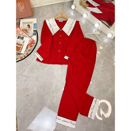 Bộ  Pijama Lụa Dài Tay, Bộ Mặc Nhà Lụa Dài Tay Tiểu Thư Cổ Sen Cách Điệu Chữ Ký , Đồ Bộ Sau Sinh