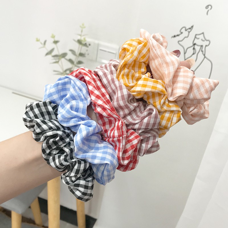 Scrunchies Kẻ Caro Hàn Quốc - Dây buộc tóc/ Cột tóc vải Scrunchies Cao Cấp Molangshop