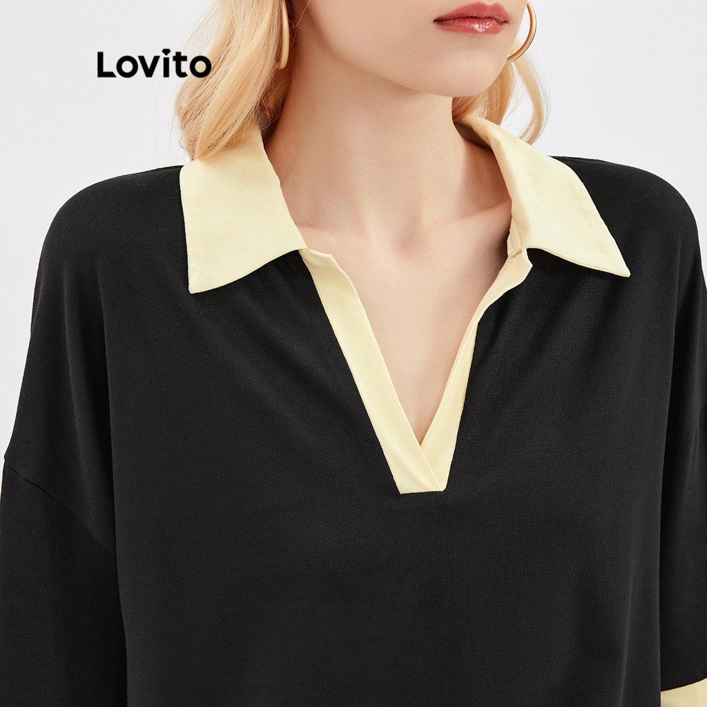 Áo thun Lovito oversize ghép nối màu sắc cổ V Polo màu trơn L30AD007 (màu đen)