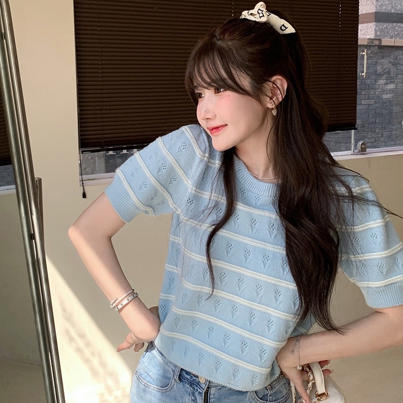 【Hana and Alice】Áo Thun Dệt Kim Tay Ngắn Dáng Rộng Chất Lụa Mềm Mại Hợp Thời Trang
