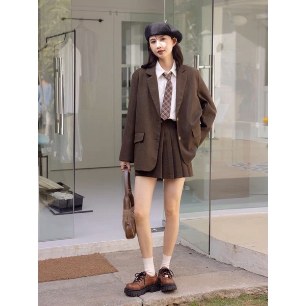 Set vest áo blazer chân váy xếp ly