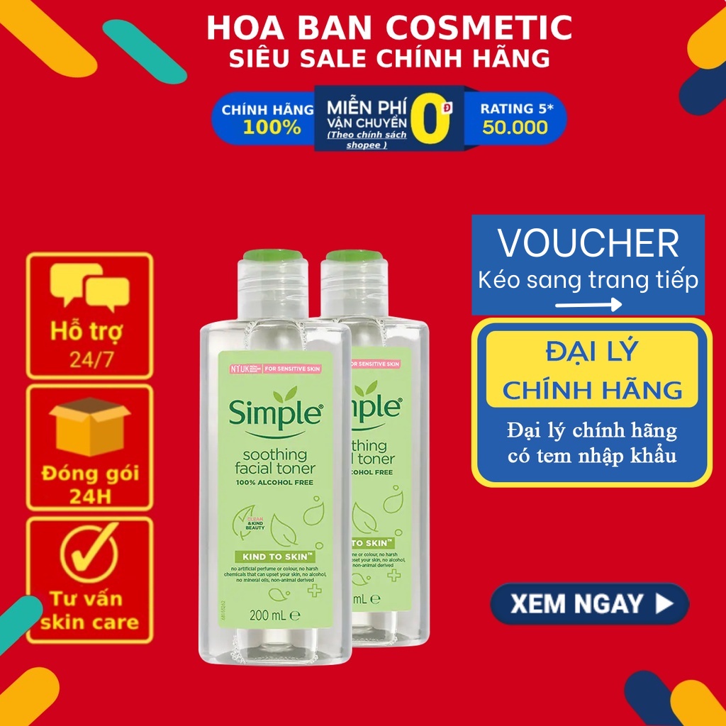 NƯỚC HOA HỒNG SIMPLE Toner 200ml - làm dịu và cân bằng độ ẩm cho da - lành tính không chứa cồn - Hoa Ban Cosmetic