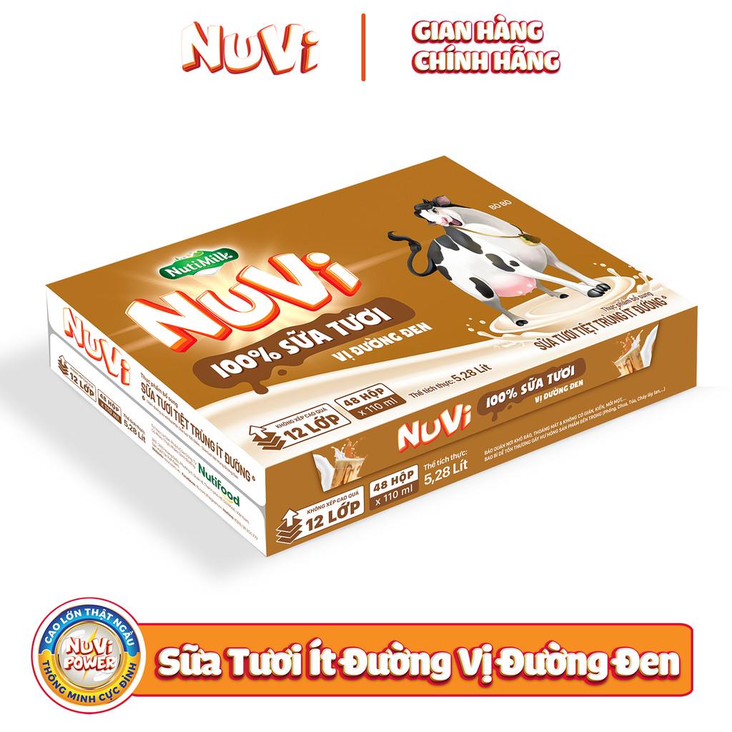Thùng 48 hộp Nutimilk NuVi 100% Sữa Tươi – ST Tiệt Trùng Ít Đường Vị Đường Đen hộp 110ml