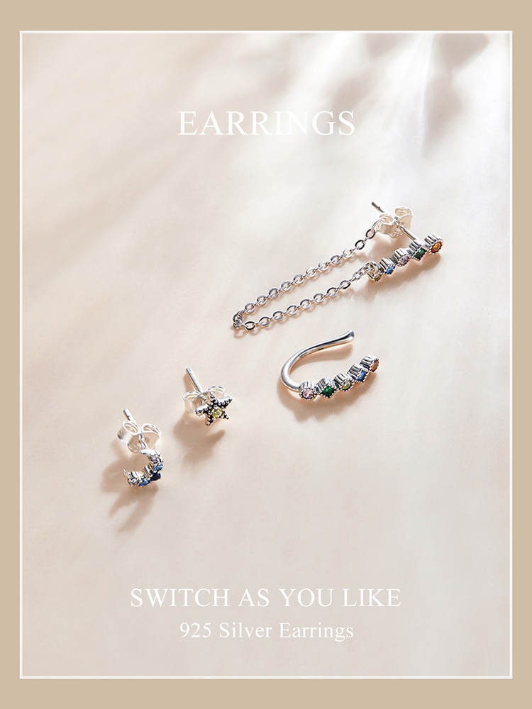 BAMOER 1 Bông Tai Bạc Dáng Dài Hình Mặt Trăng Và Ngôi Sao Thời Trang Cho Nữ SCE1064