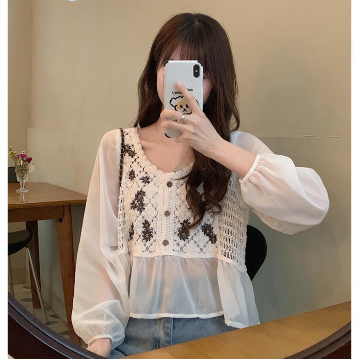 Áo kiểu tay dài voan phối lưới cói thêu hoa AK38