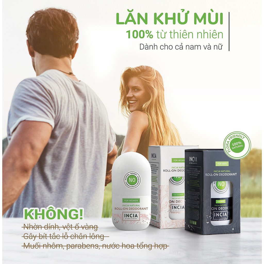 Chai lăn khử mùi nữ Incia Natural Roll-On Deodorant For Women 50ml dưỡng trắng, ngừa vết thâm và mùi hôi dưới cánh tay