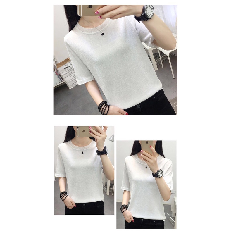 Women's loose bright silk T-shirt base shirt 2021 summer new Korean style ice silk knitted short-sleeved round neck top ins