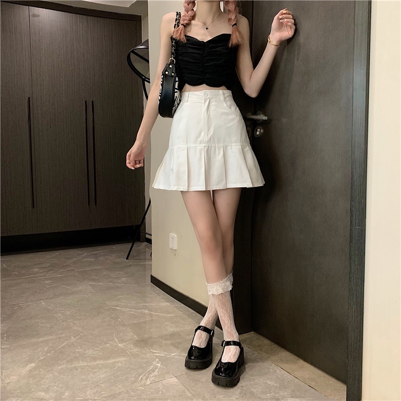 Chân váy xếp li Chân váy chữ A FIRST DATE đuôi cá nữ Hàn Quốc retro cạp cao kaki