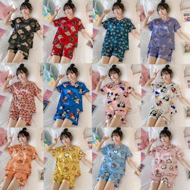 Đồ ngủ Pijama, bộ ngủ mặc nhà lụa satin cao cấp cố trái tim ngắn tay quần đùi hello kitty hình trái cây nhiều màu sắc  ྆