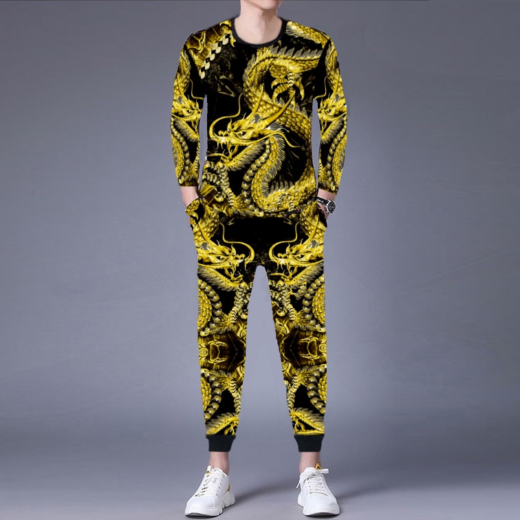 Set Đồ Thể Thao Dài Tay In Họa Tiết Rồng Hổ Thời Trang Cho Nam#Bộ Nhân Vật Lelaki Joging kemeja-t lengan panjang Lelaki Baju Olahraga Atasan dan Seluar Pakaian Peluh Lelaki percetakan hari