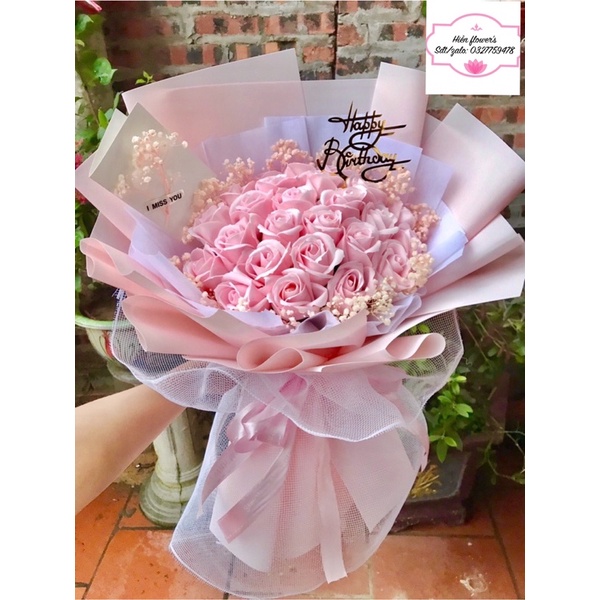 Bó Hoa Sáp Thơm 25 bông Kèm Hoa Bi kèm chữ và thiệp