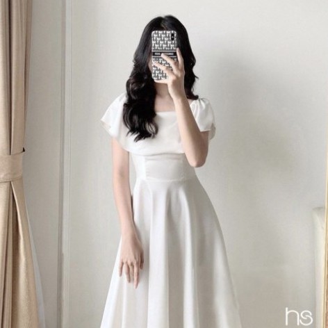 Đầm Trắng Nữ Ngắn Tay Chun Vai Cổ Vuông Chất Đũi Siêu Xinh | BigBuy360 - bigbuy360.vn