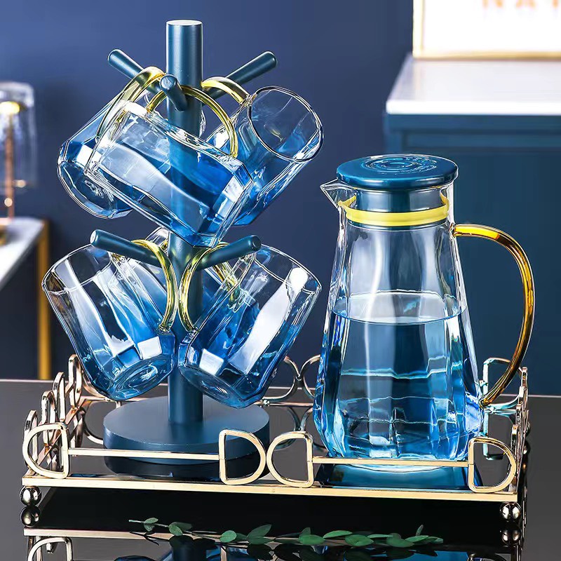 Bộ Bình Nước , Ấm Tách Trà Thủy Tinh mẫu Màu Trà Họa Tiết Châu Âu