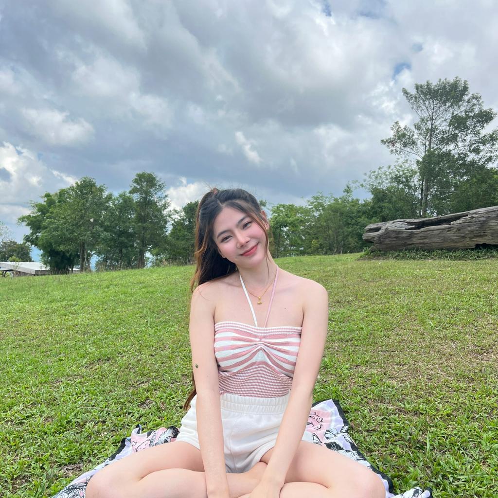 MesubShop Tube Top Vải lụa rất mềm sọc cổ chữ thập Eugene Model