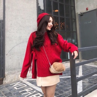 [ HOT ] Áo LEN NỮ FORM RỘNG THẮT NƠ EO XẺ TÀ