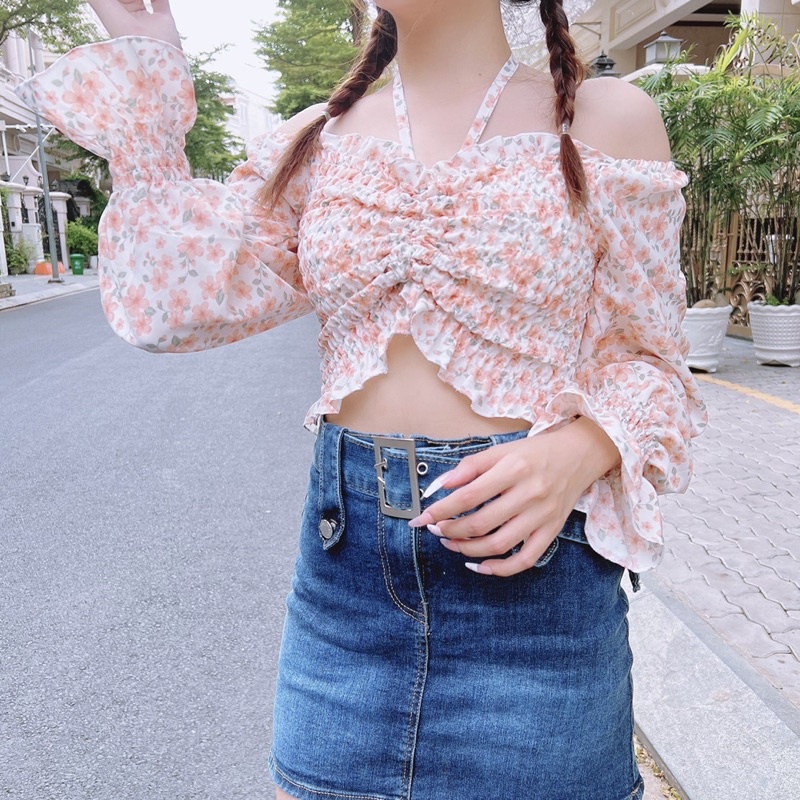 ÁO CROPTOP MÀU SẮC CHIZISHOP TƯƠI TẮN TRẺ TRUNG HOA NHÍ RÚT GIỮA TAY DÀI