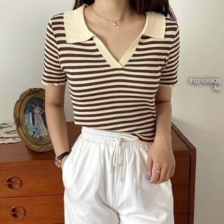Áo len kẻ sọc croptop cổ bẻ tay con