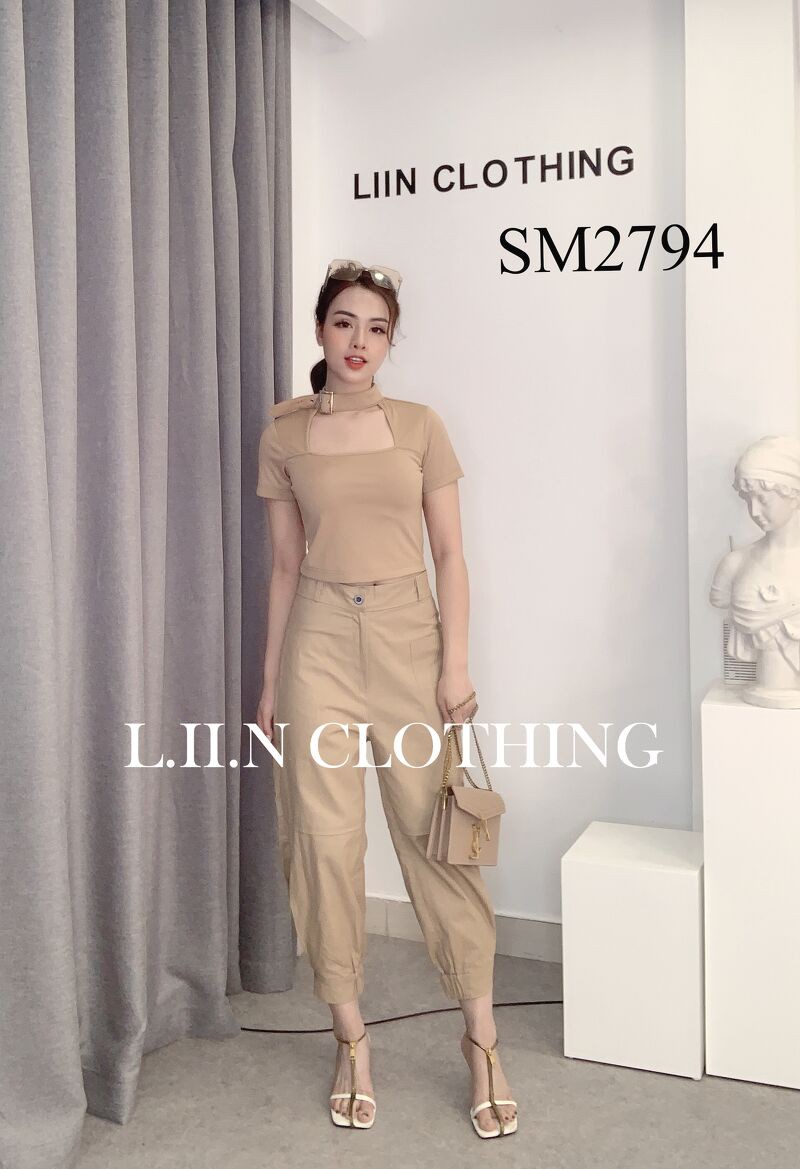 Áo kiểu nữ cộc tay màu nâu chất liệu thun Chocker Liin clothing SM2794