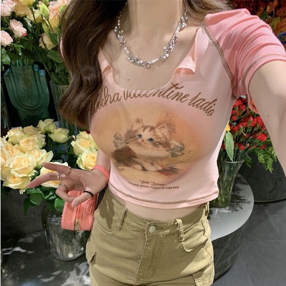 Áo Croptop Ôm Body Nữ in hình mèo con dễ mặc dễ phối đồ JH-TX-222