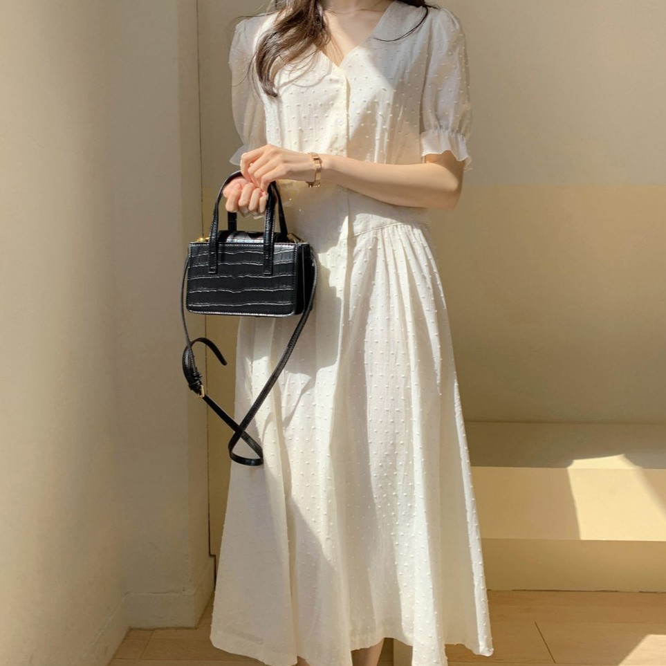 Đầm midi tay phồng ngắn cổ chữ V màu trơn xinh xắn thời trang 33197