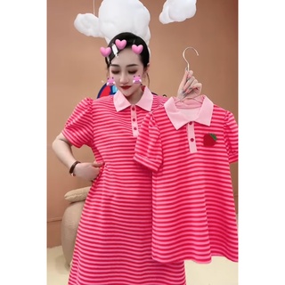 Set váy polo dâu tây kẻ hồng mẹ bé