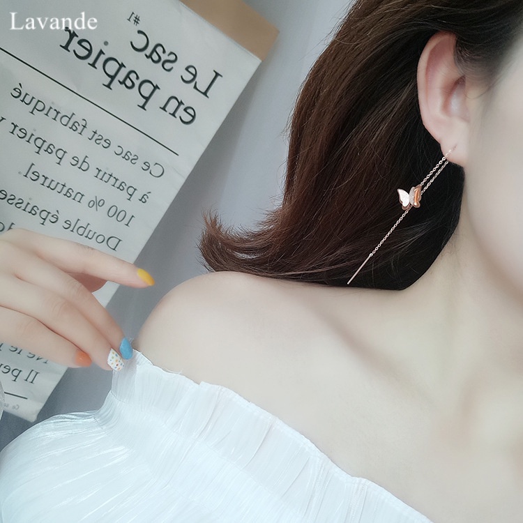 Bông Tai Dài Bằng Thép Titan Mạ Vàng Hồng 18K Hình Bướm Phong Cách Hàn Quốc 2C2Y