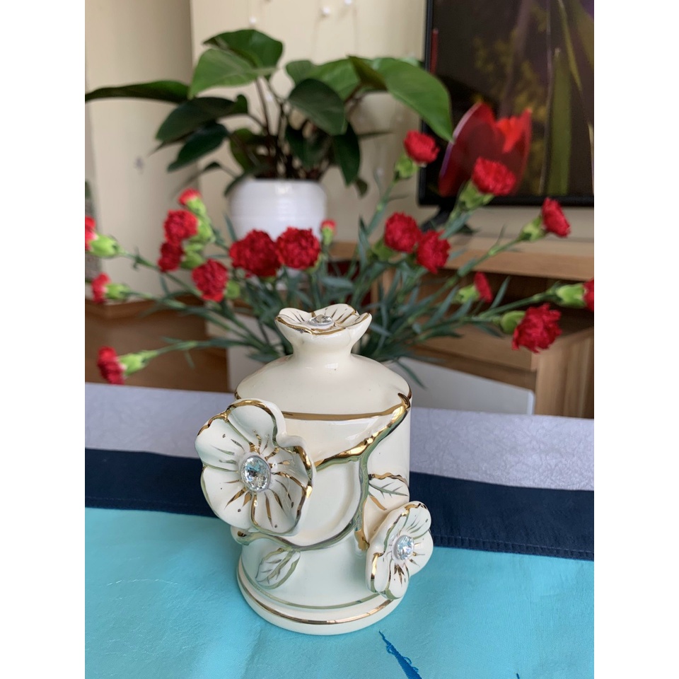 Lọ Đựng Tăm Bằng Gốm sứ Trắng Vẽ Vàng Hoạ Tiết Hoa Nổi,3D-Ống để Tăm đẹp Trang Trí decor Bàn Đẹp,tủ,kệ,đẹp,Sang Chảnh