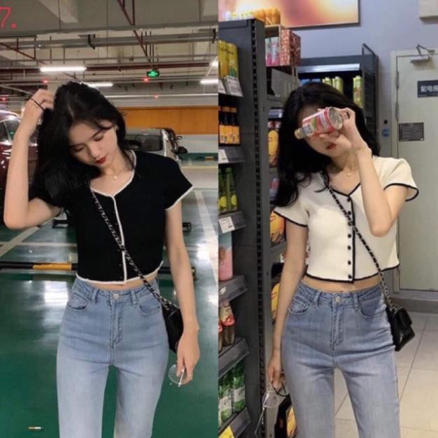 Áo Croptop Cổ Tàu Phối Viền Đen Trắng SHTAK01