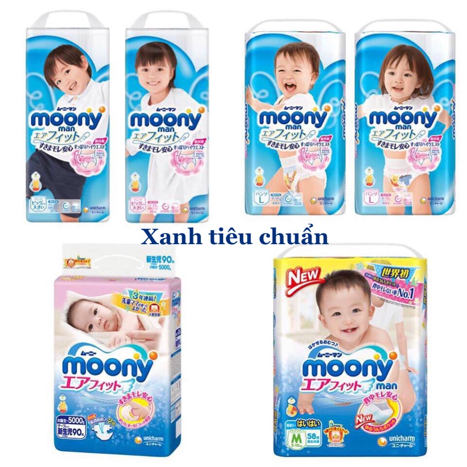 Bỉm dán/quần Moony Natural size NB63/S58/M46/L38/L36/XL32, xanh tiêu chuẩn, cộng miếng nội địa Nhật, Bông Organic