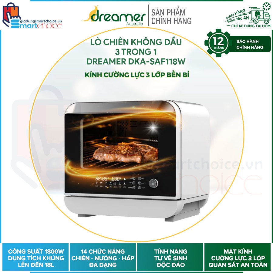 Lò chiên hơi nước 3 trong 1 Dreamer DKA-SAF118W, Chiên - Nướng - Hấp, Điều khiển cảm ứng, Công suất 1800W, Tự vệ sinh
