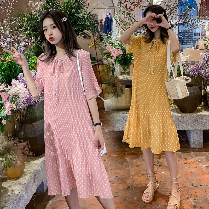 A359 Đầm bầu dáng dài họa tiết chấm bi thắt nơ cổ màu sắc nhẹ nhàng