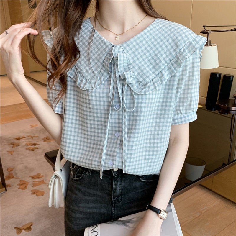 Áo Sơ Mi Tay Ngắn Cổ Búp Bê Ca Rô 168869 Áo Sơ Mi Dáng Rộng Thiết Kế Thời Trang Dễ Phối Đồ