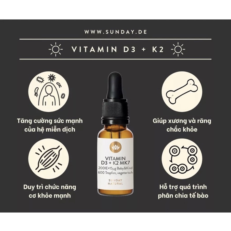 Vitamin D3 K2 Mk7 Sunday Natural 20ml Đức dùng cho bé từ sơ sinh - Date mới Chính hãng