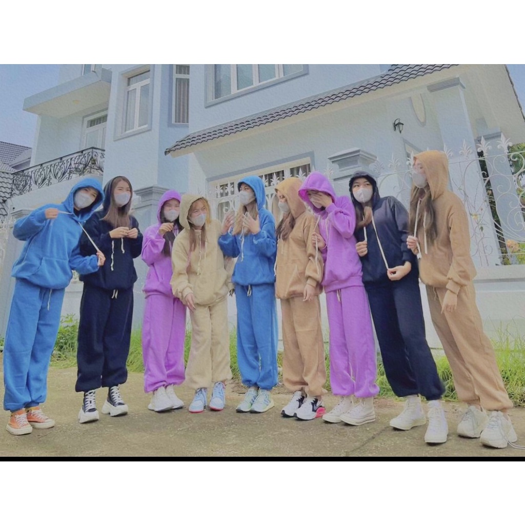 Set áo hoodie trơn chất đẹp + quần bom chun gấu DTR1221