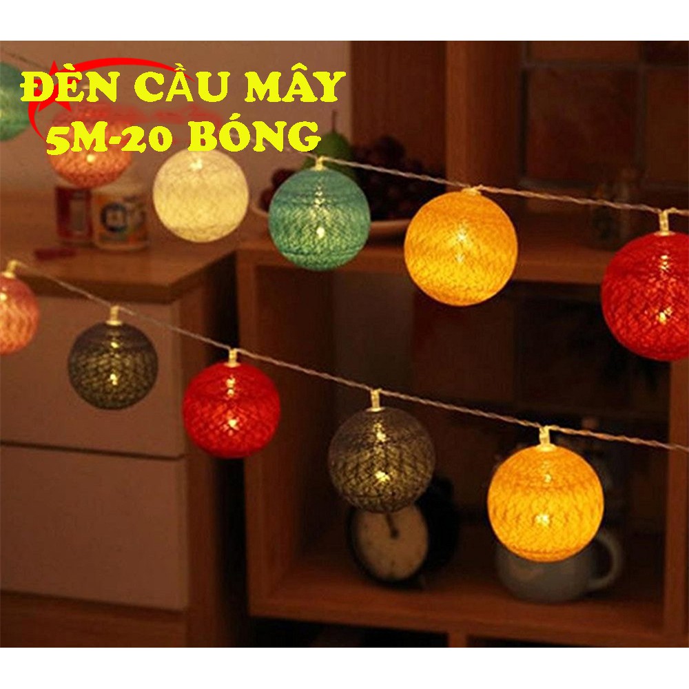 Dây Đèn Led 20 Bóng Hình Quả Cầu Bằng Cotton Trang Trí Tiệc, Đèn Trang Trí Tết. Cắm Điện 220V/ chạy pin