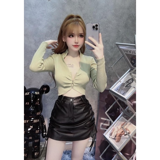 Áo kiểu gân khoá kéo tay dài croptop, áo thun nữ sexy