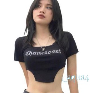 Áo croptop cổ vuông in chữ đính đá thời trang cho nữ