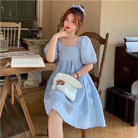 Váy nữ dáng xòe cổ hình vuông chữ U phong thái Ulzzang siêu xinh thời trang dành cho phái đẹp đi dạo đi tiệc