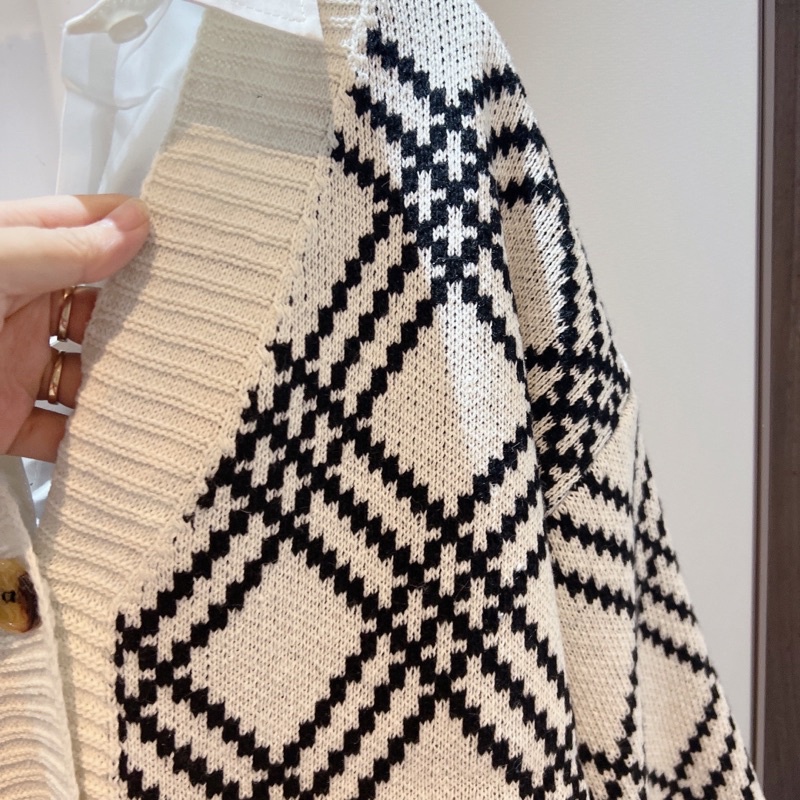 Áo Khoác Cadigan Len Kẻ Trám Đen Trắng Quảng Châu Loại 1 (hình thật) Áo Khoác Thu Đông Korea Style