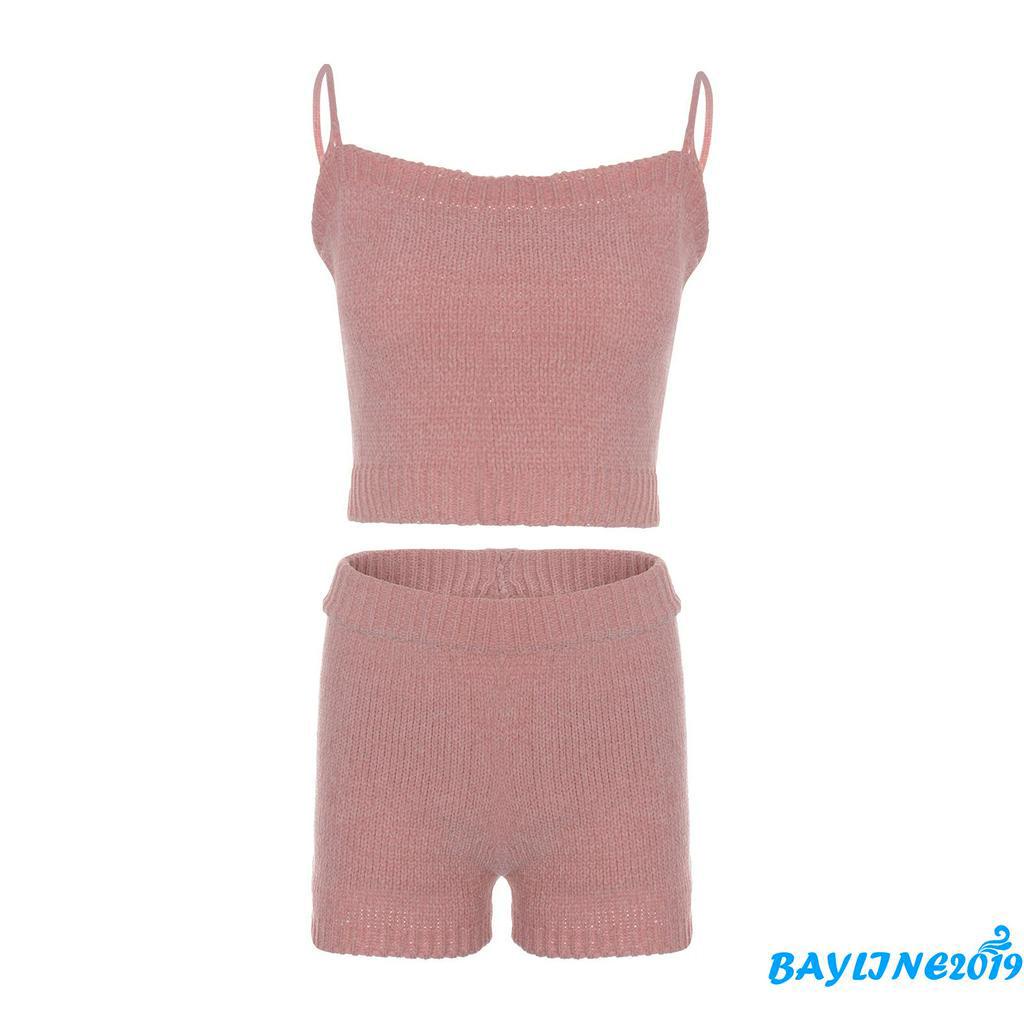 Set Áo Dệt Kim Sát Nách + Quần Short Màu Trơn Quyến Rũ Cho Nữ