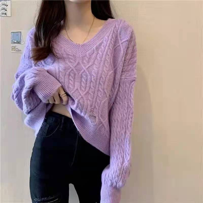 Áo sweater dệt kim cổ tim màu trơn thời trang cho nữ